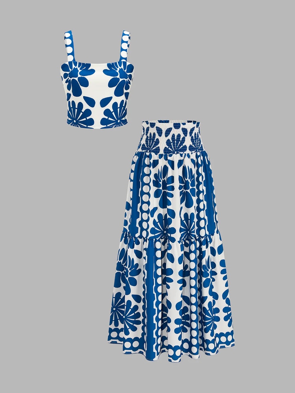 Commense White Maxi Skirt and Crop Top Set with Blue Floral Print - Picture 1 of 12